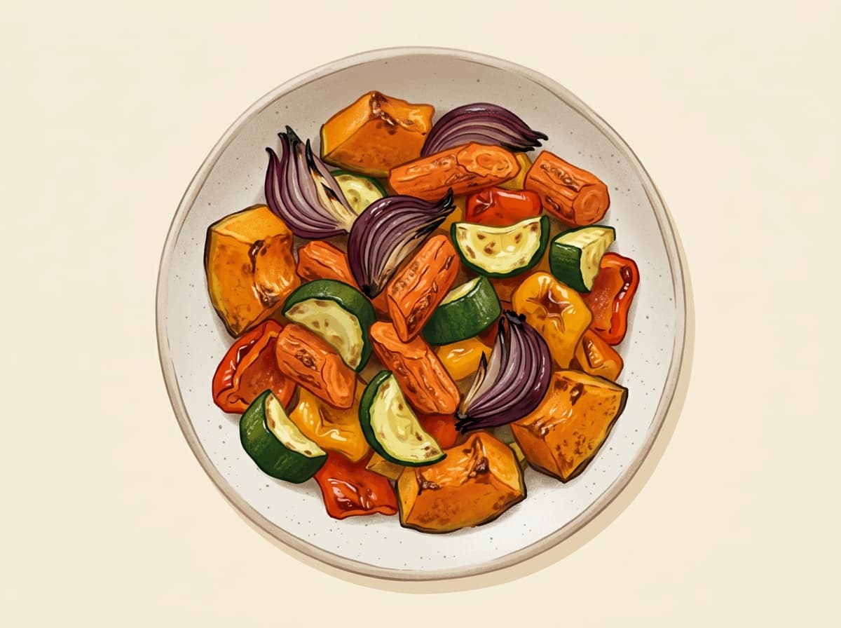 A tray of roasted pumpkin, carrot, red onion, zucchini and capsicum