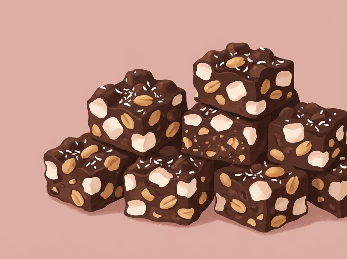 Squares of rocky road studded with marshmallows and peanuts