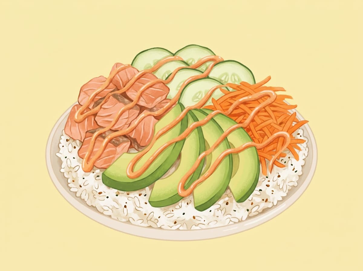 Rice bowl with flaked salmon, avocado, cucumber, carrot and spicy mayo