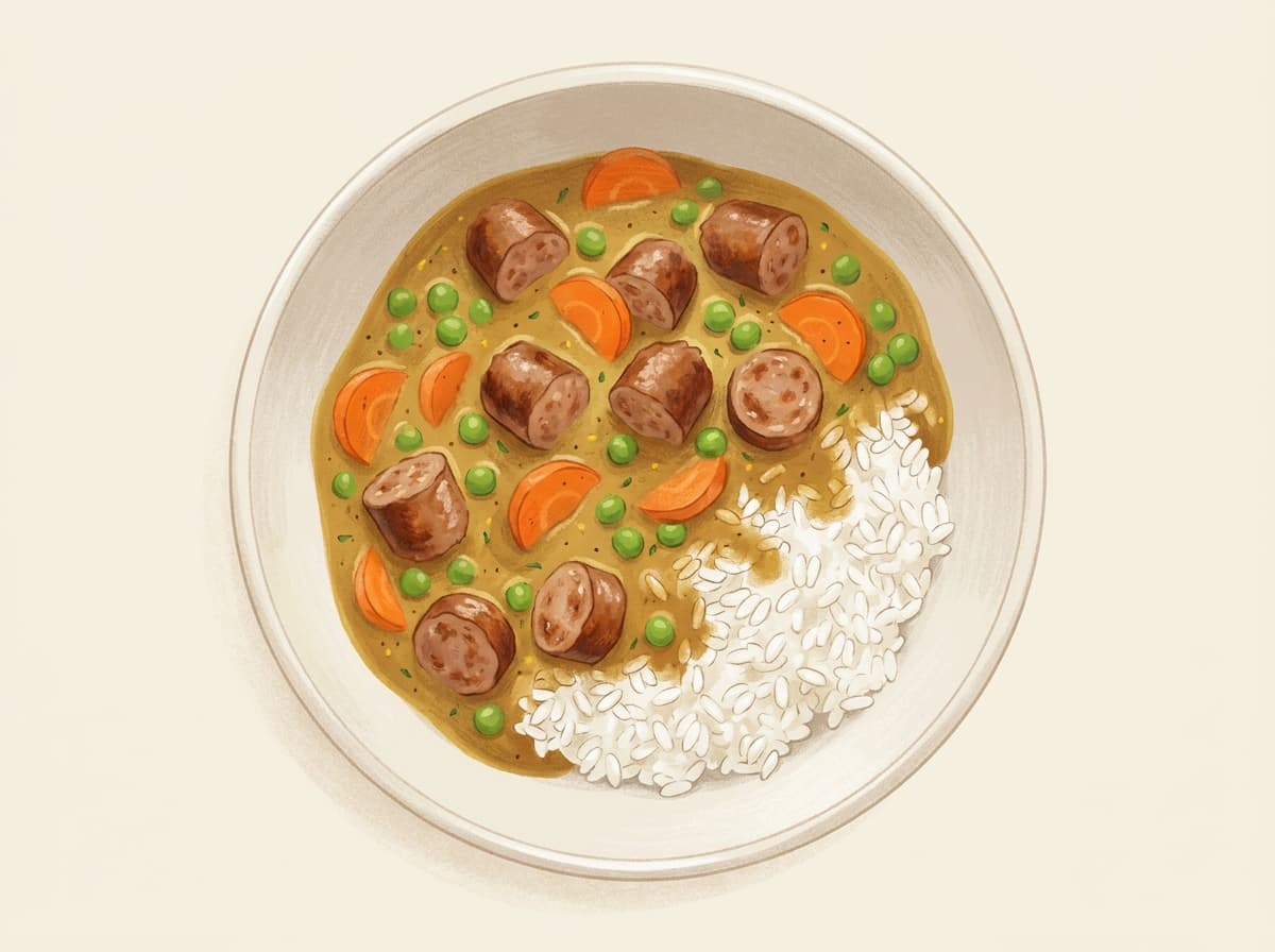 Sliced sausages in curry sauce with carrot and peas over rice