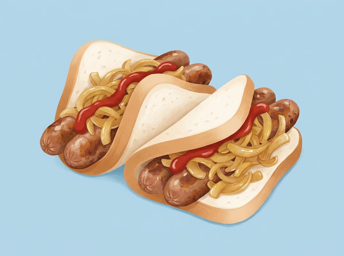 A sausage and fried onion wrapped in a slice of white bread with tomato sauce