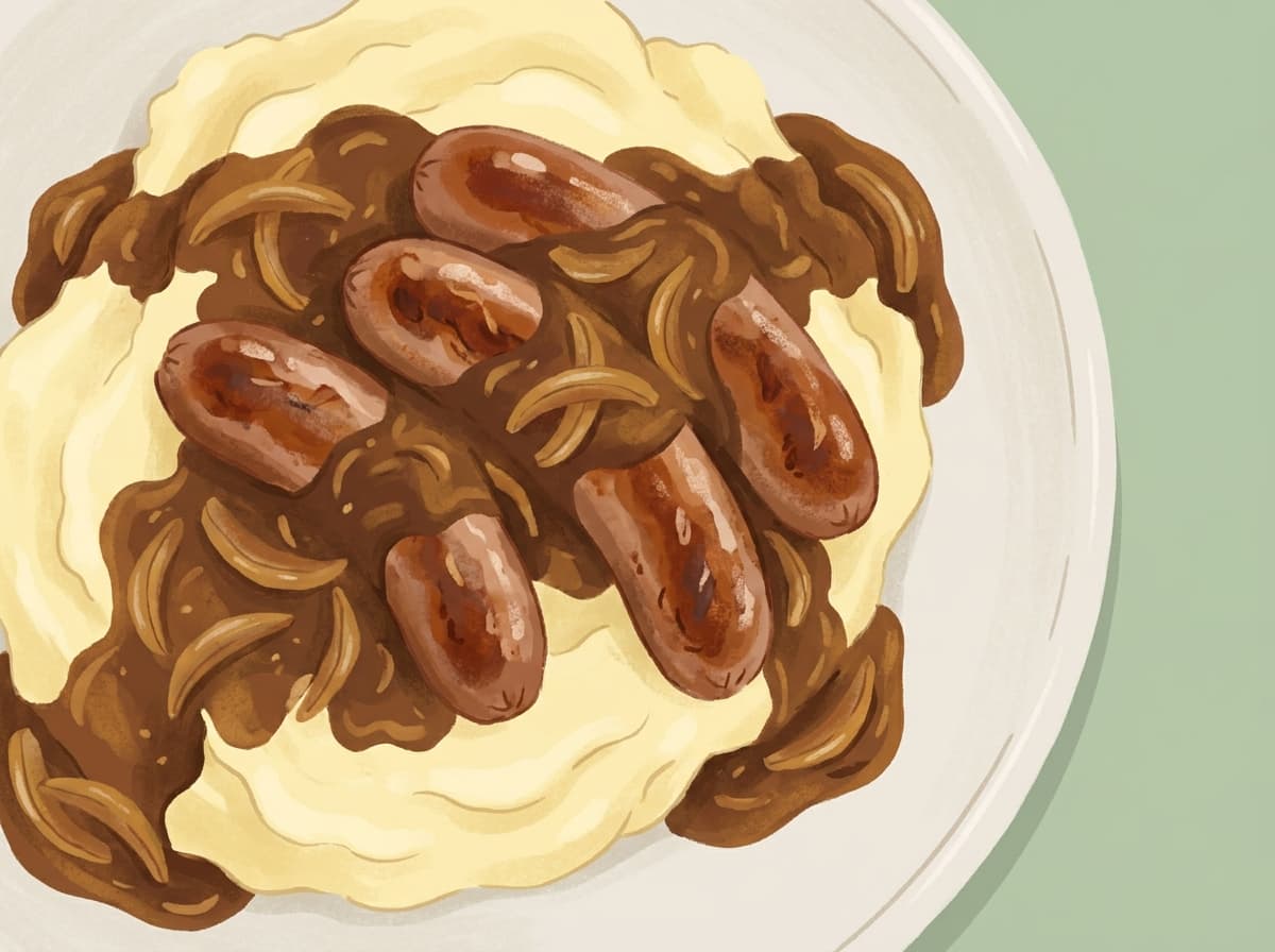 Sausages on mashed potato with onion gravy