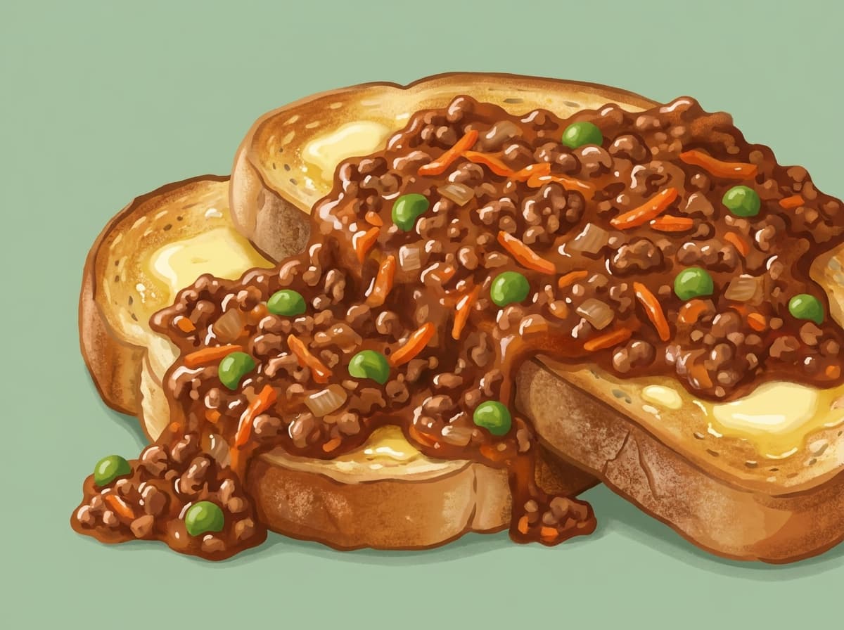 Savoury beef mince with peas piled on thick slices of toast