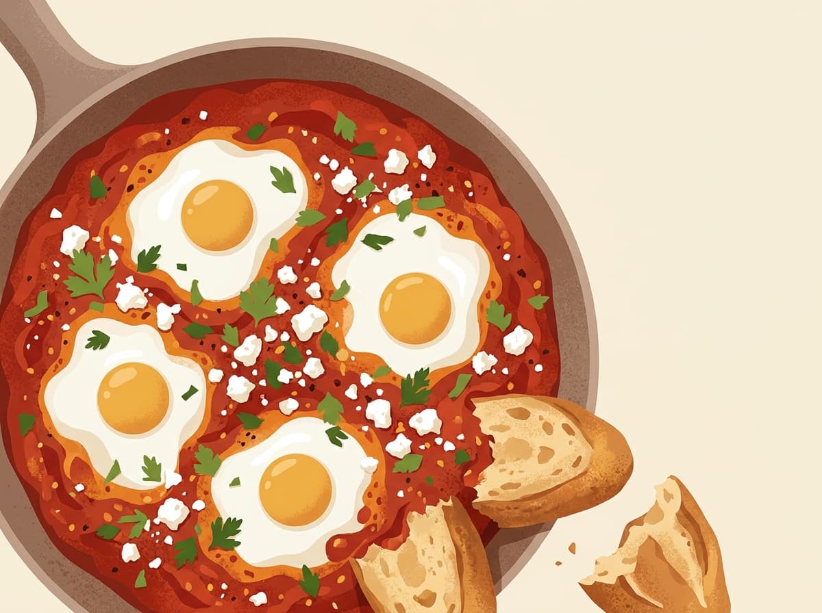 A pan of shakshuka with eggs poached in spiced tomato sauce