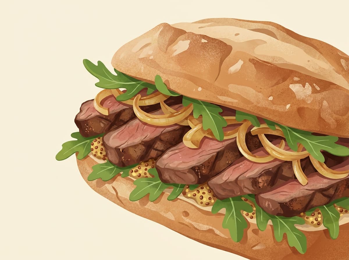 A crusty roll filled with sliced steak, caramelised onion and rocket