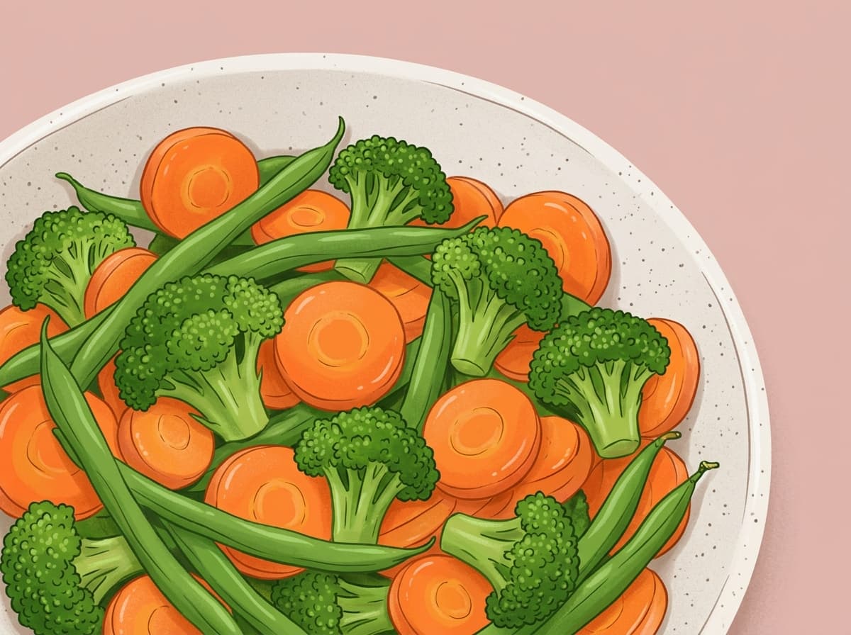 Bright steamed broccoli, carrots and green beans in a bowl with butter