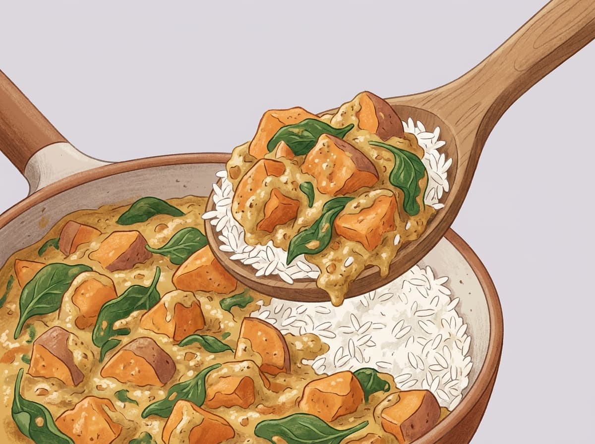 A bowl of sweet potato curry in a creamy coconut sauce with spinach and rice