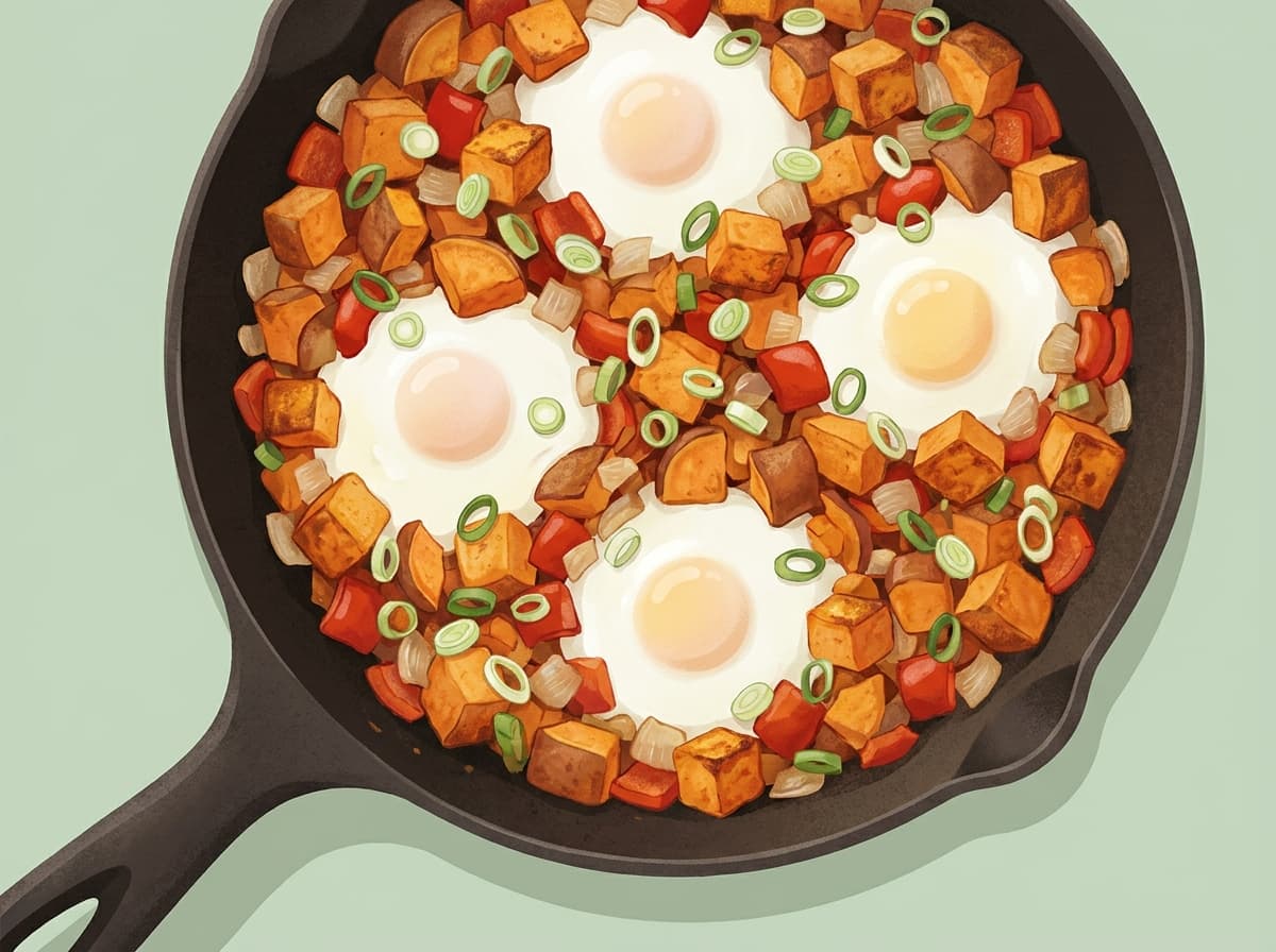 A frying pan of sweet potato hash with eggs and spring onion