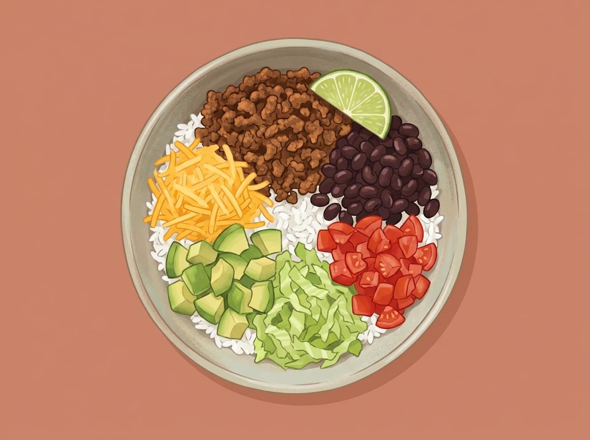 Taco bowl with rice, spiced beef, black beans, tomato and avocado