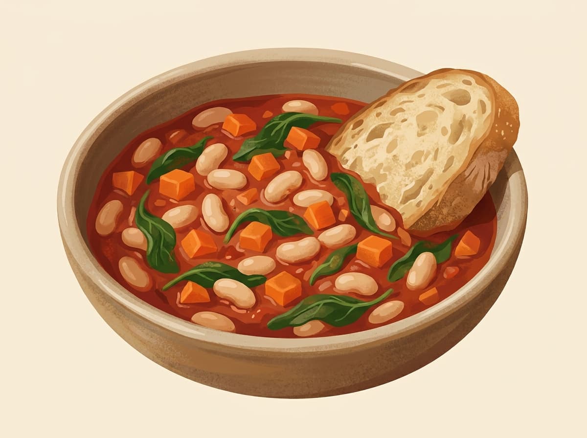 A bowl of tomato and white bean stew with spinach and crusty bread