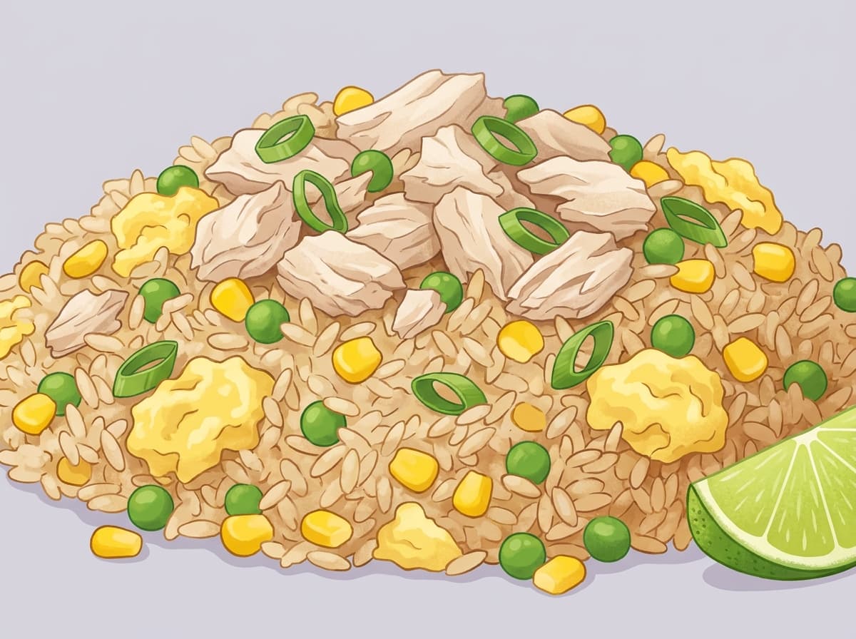 Wok of tuna fried rice with egg, peas and corn
