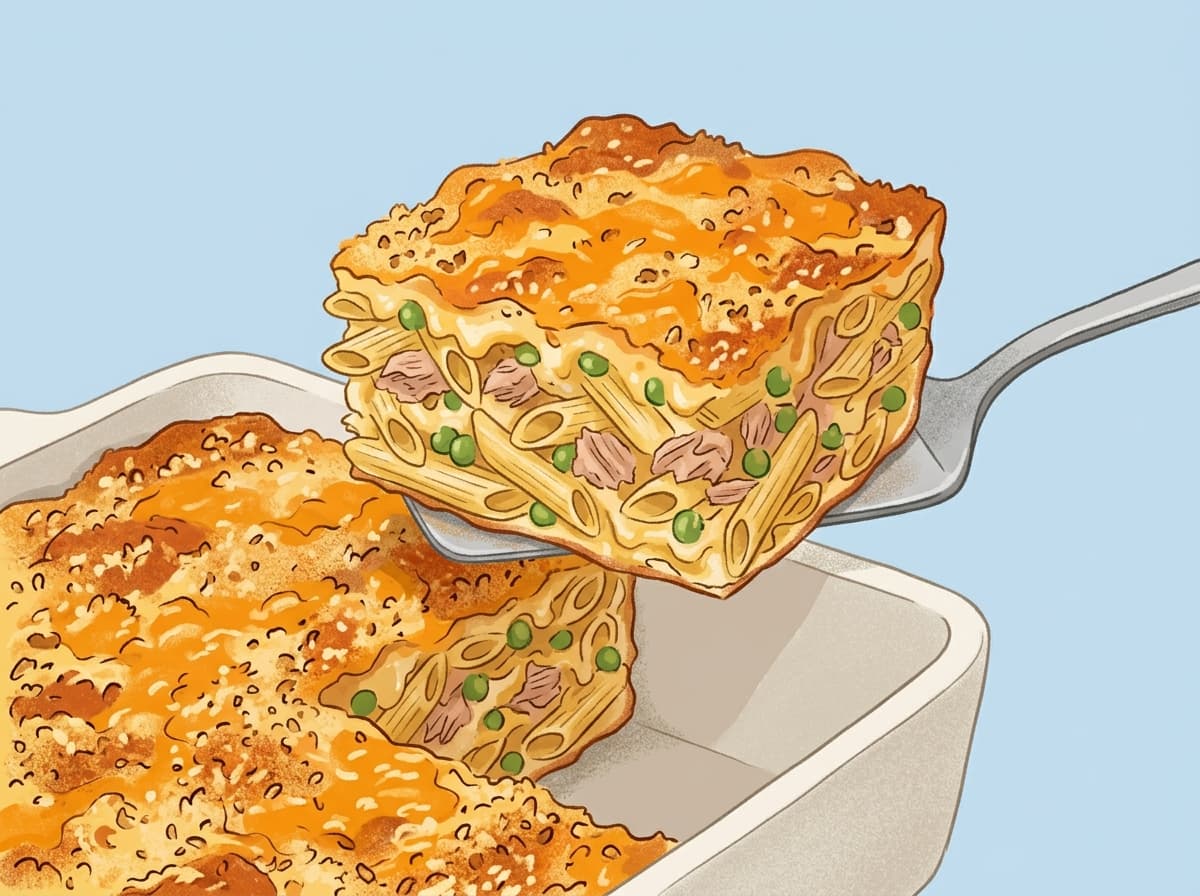 A baked tuna pasta bake with a golden cheese and breadcrumb top