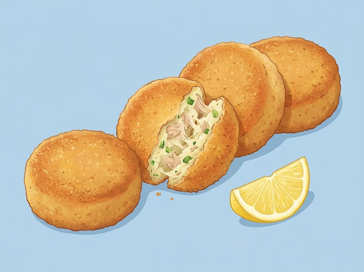 Golden tuna patties on a plate with lemon wedges