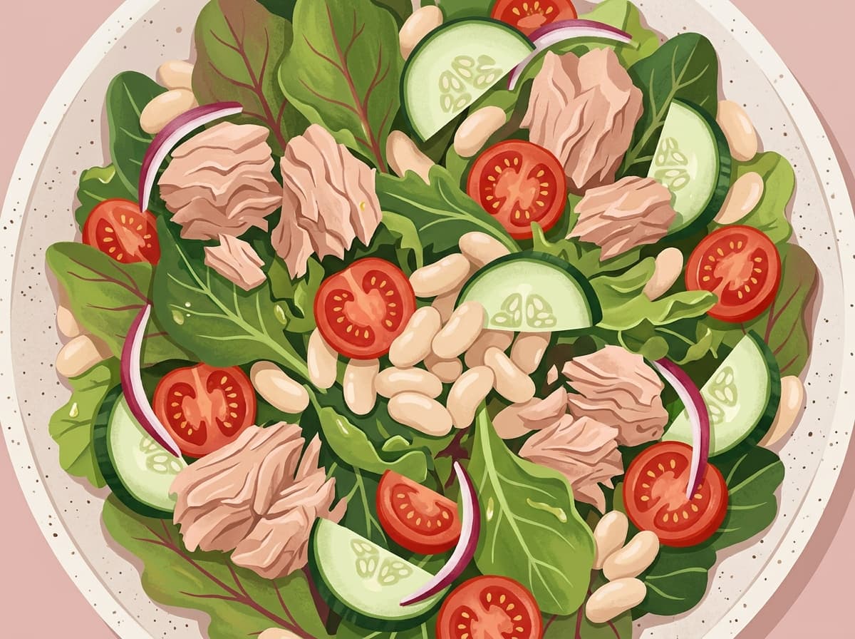 A bowl of tuna salad with white beans, tomato, cucumber and salad leaves