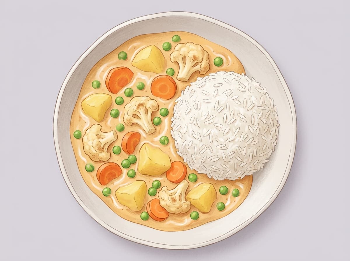 A bowl of creamy vegetable curry with potato, cauliflower and peas next to rice