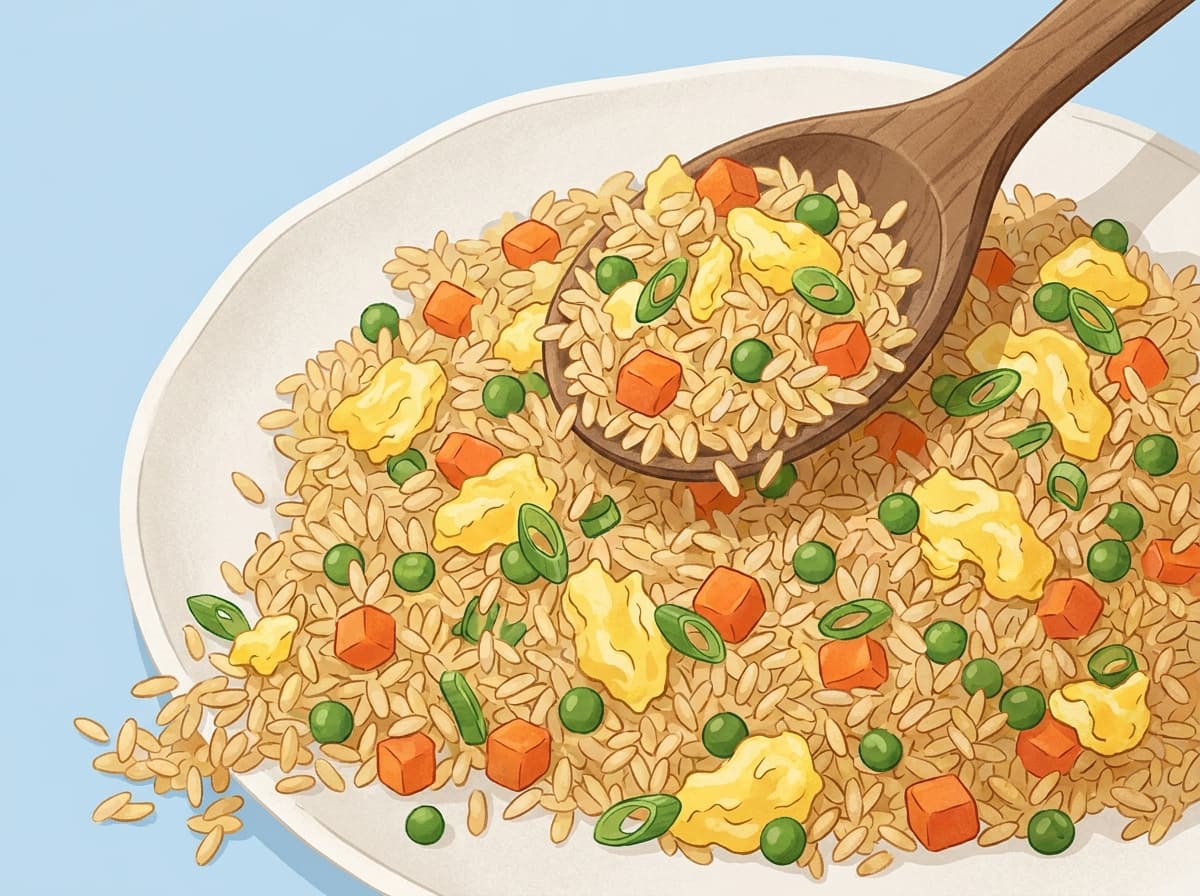 A pan of vegetable fried rice with egg, peas, carrot and spring onion