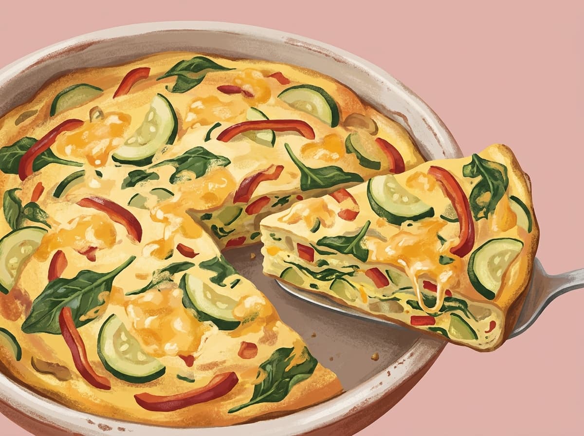 A golden vegetable frittata in a frying pan with a slice cut out