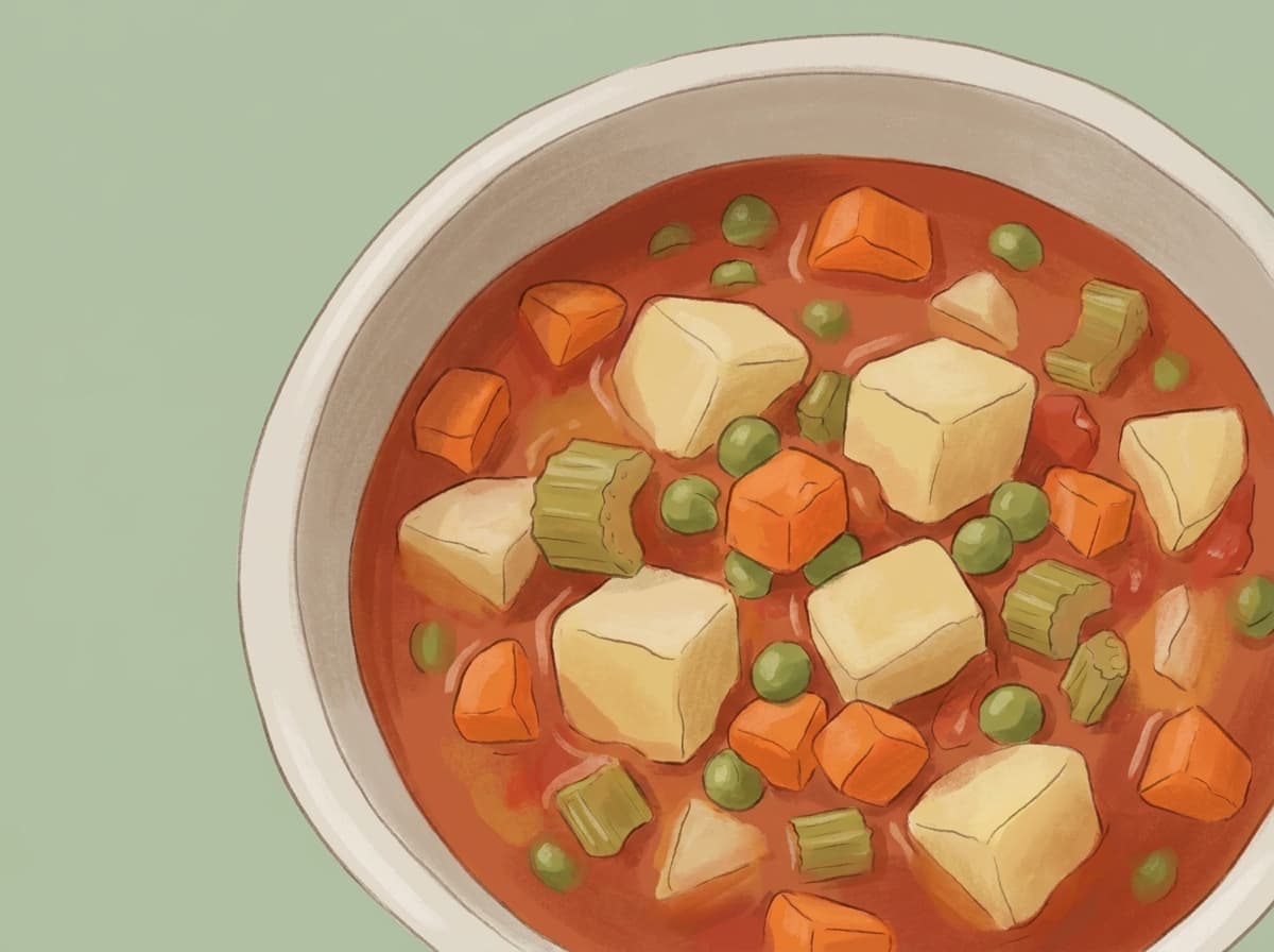 A bowl of chunky vegetable soup with carrot, potato and peas