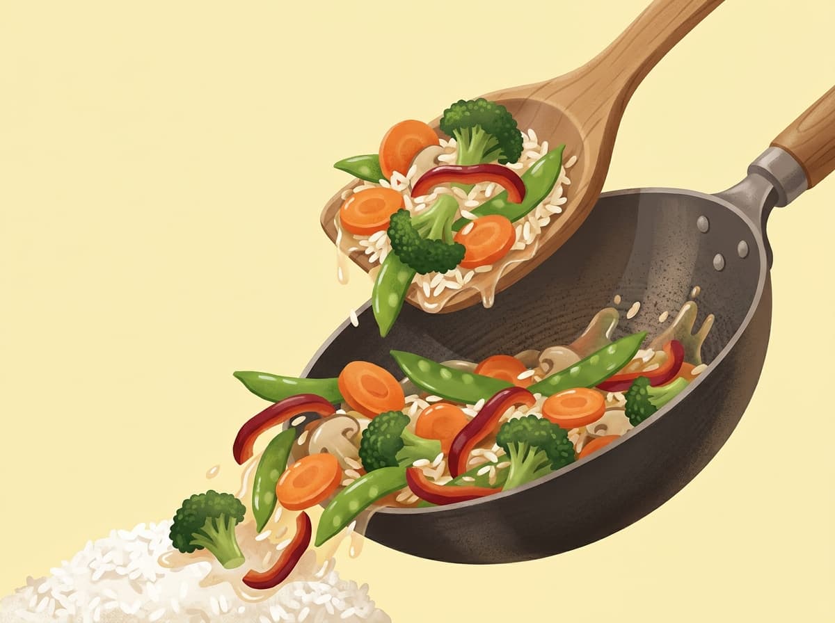 A pan of vegetable stir-fry with broccoli, carrot and capsicum over rice