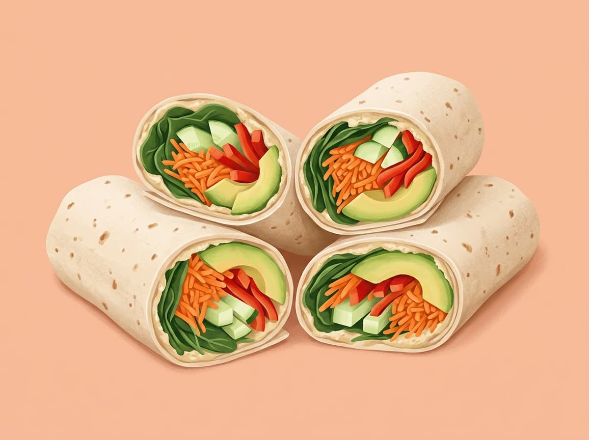 A vegetable wrap cut in half with carrot, cucumber, capsicum, spinach and avocado