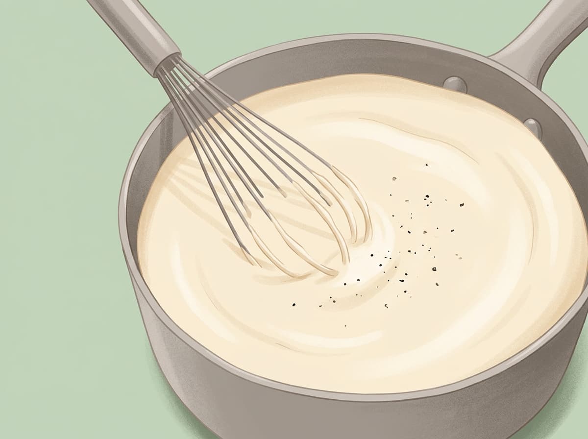 A saucepan of smooth creamy white sauce with a whisk
