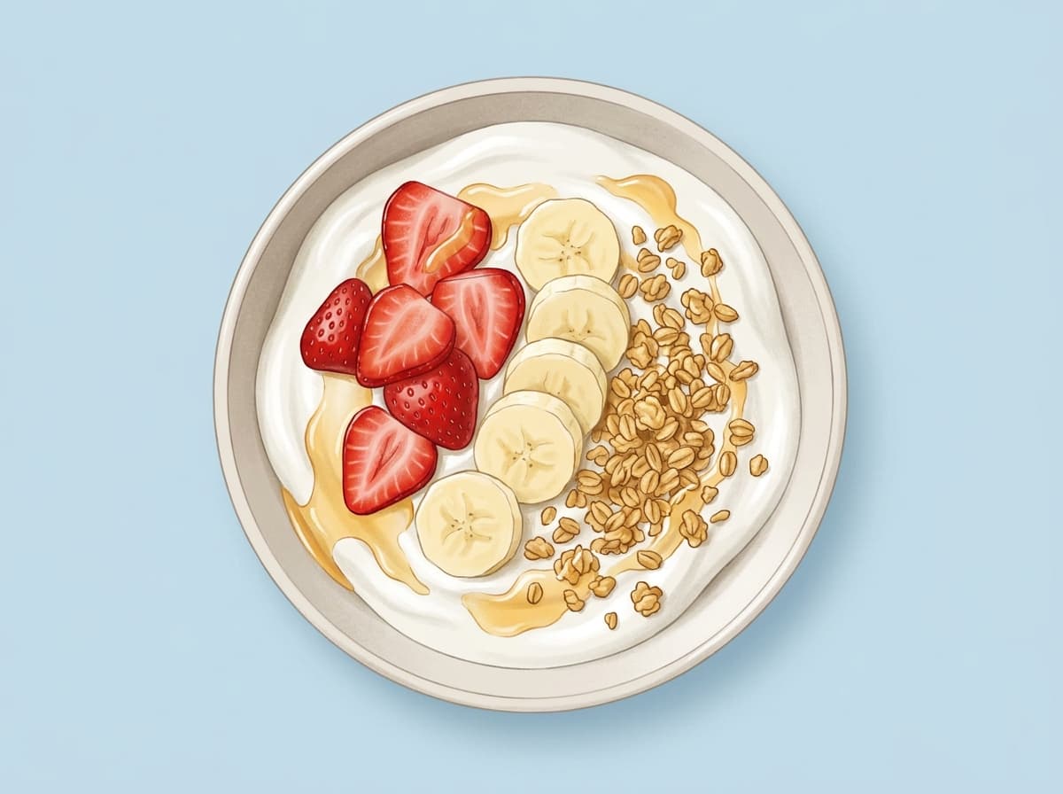 A bowl of yoghurt topped with strawberries, banana and granola