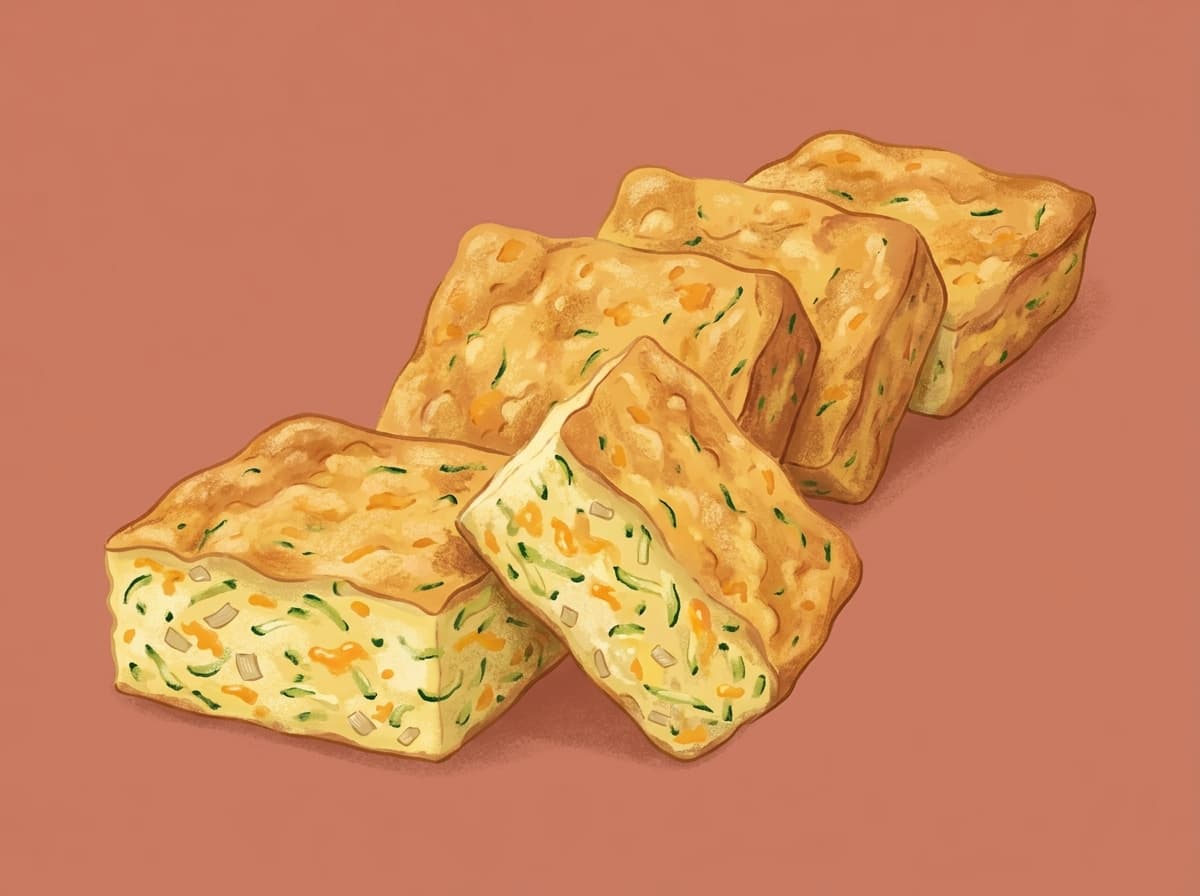 Squares of golden zucchini slice on a board