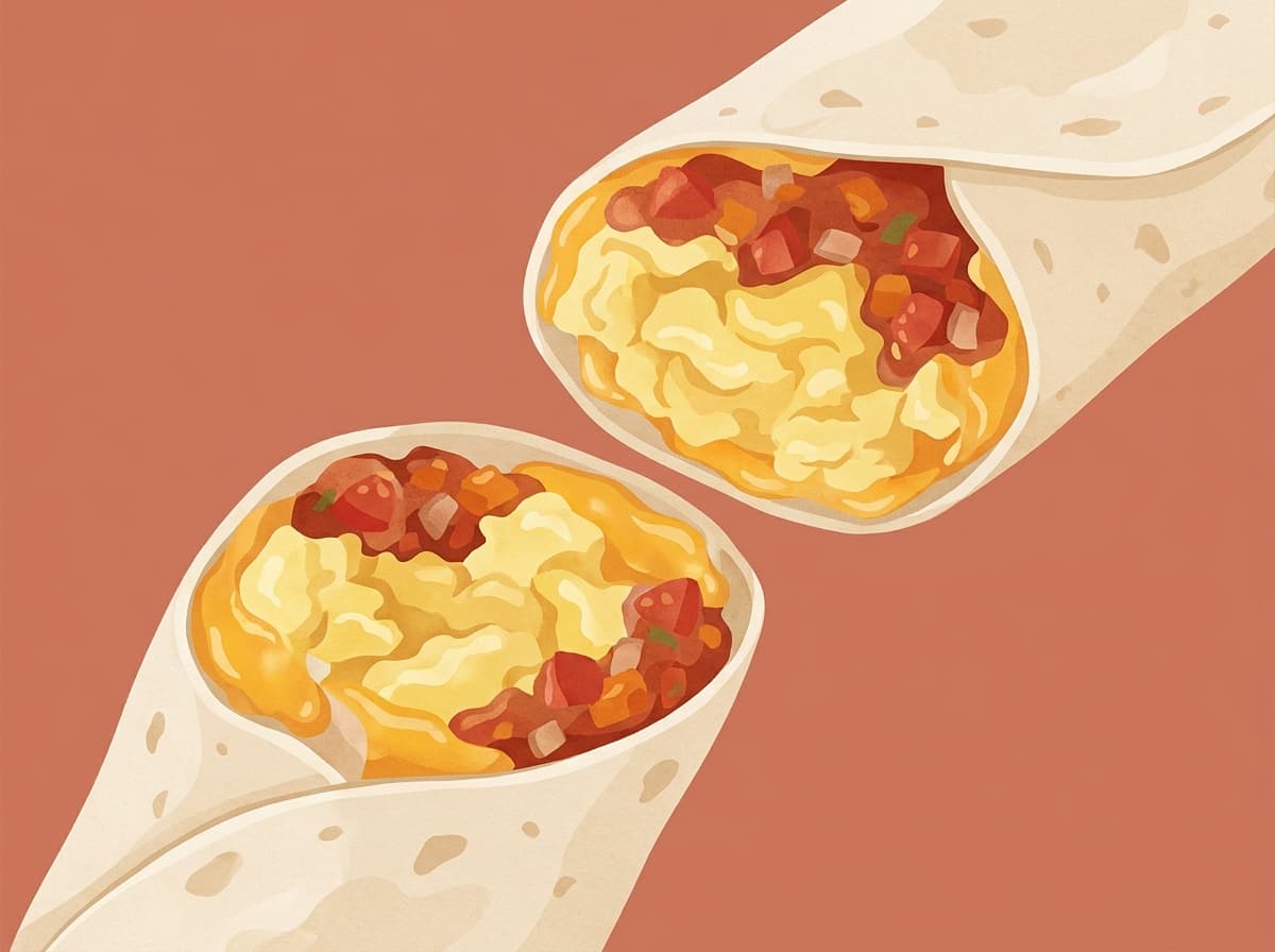 Breakfast wrap cut in half showing scrambled egg and cheese