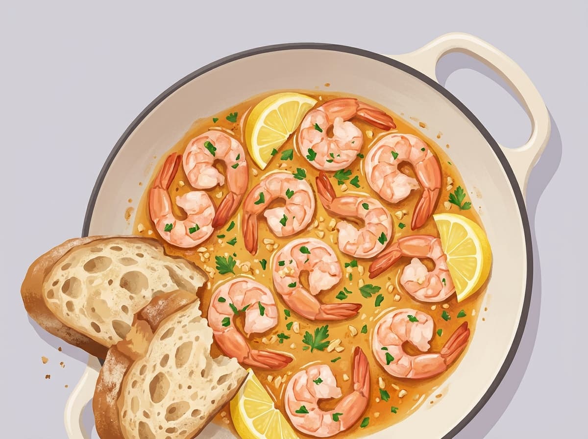Pan of garlic butter prawns with parsley, lemon and crusty bread