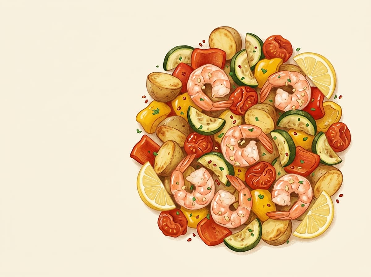 Garlic prawns with roasted potatoes, capsicum, zucchini and cherry tomatoes on a tray