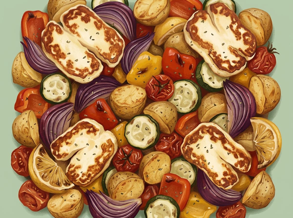 Golden halloumi slices with roasted potatoes, capsicum, zucchini and tomatoes on a tray