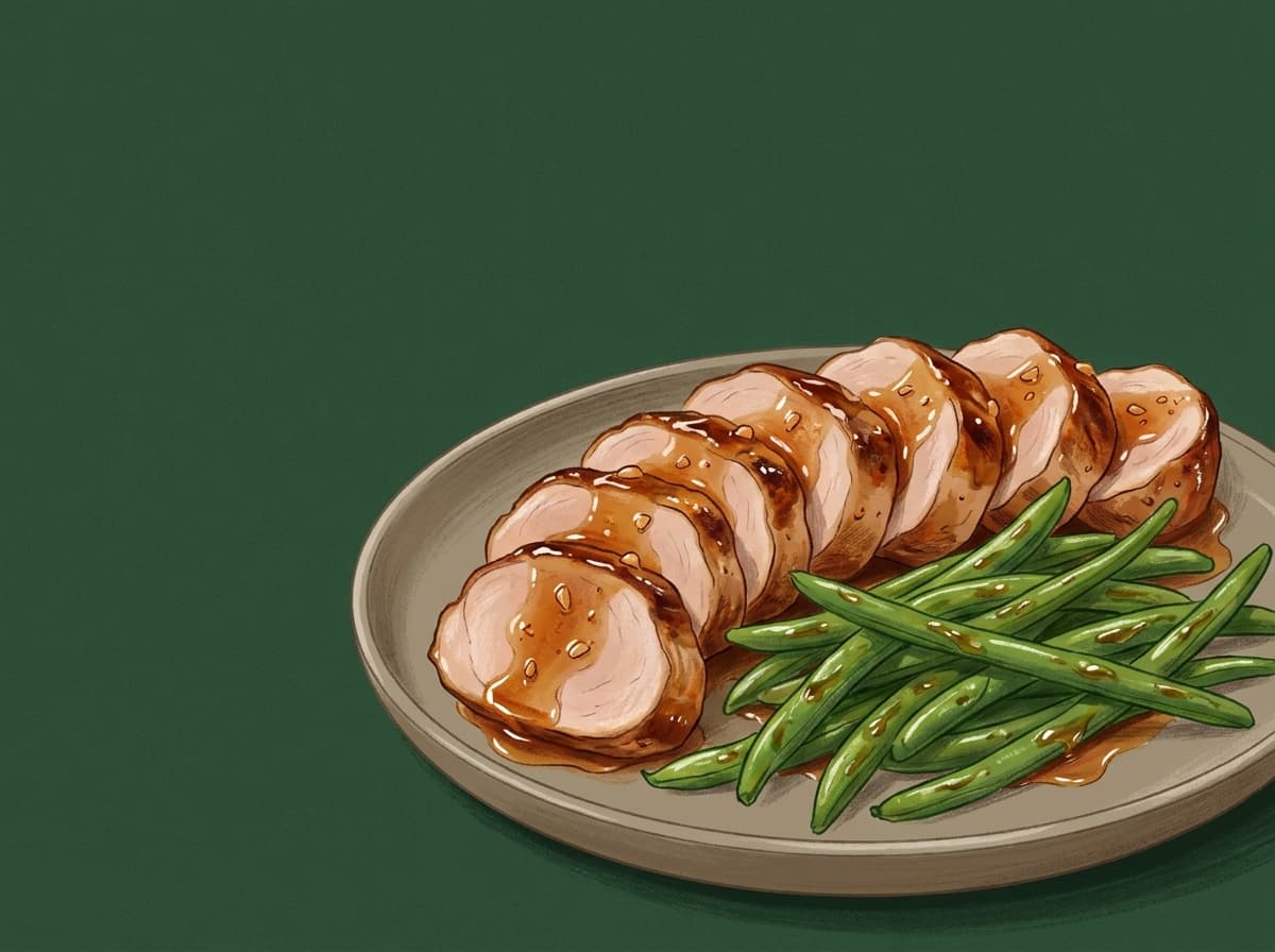 Glazed pork tenderloin slices with green beans on a plate