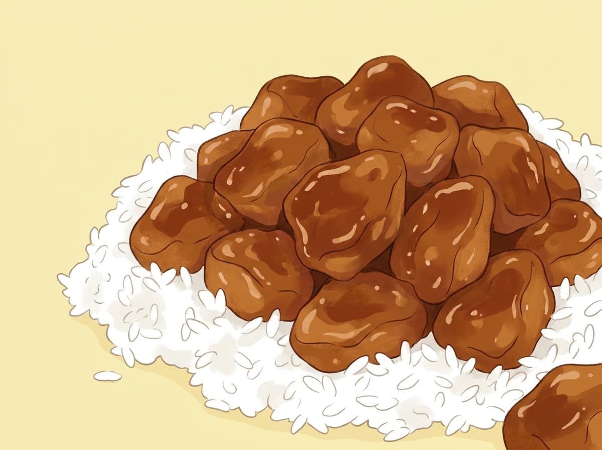 Honey soy chicken pieces glazed in sauce, served over rice