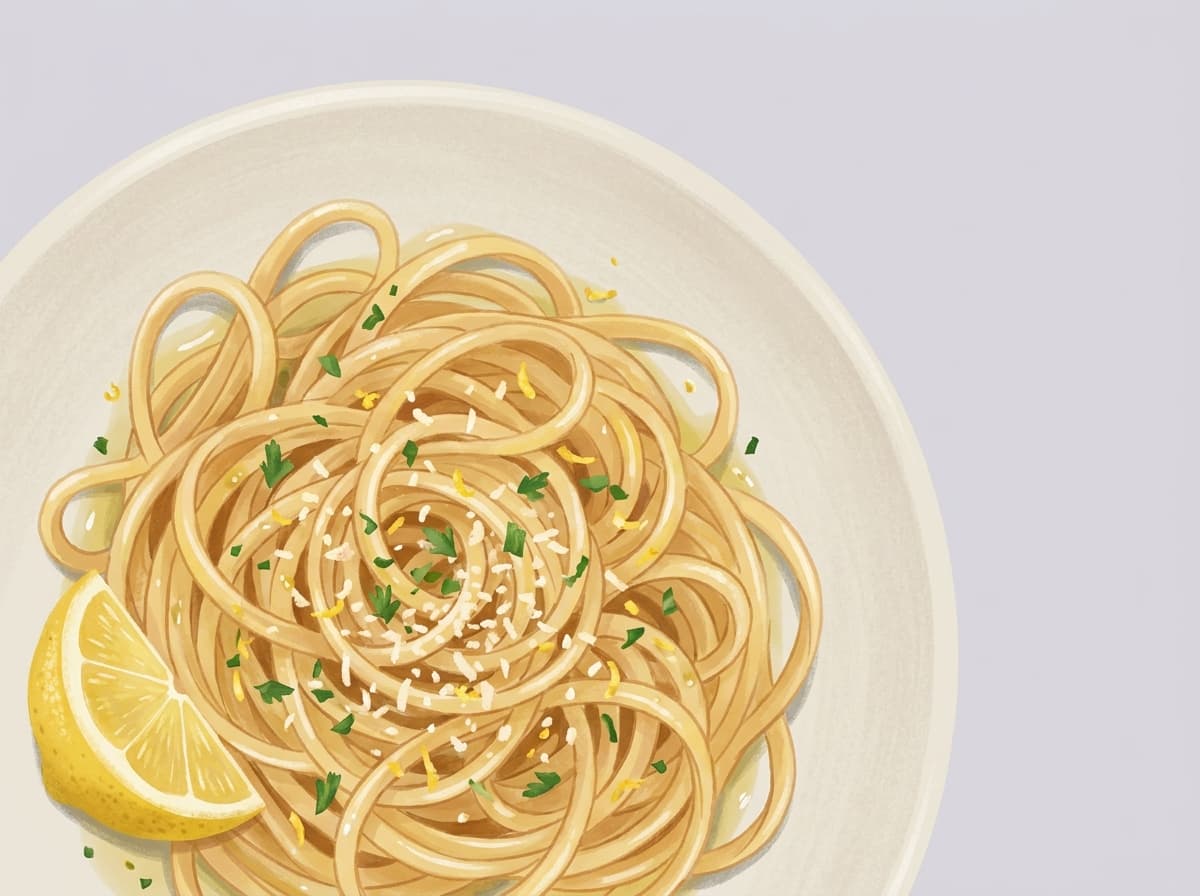 A bowl of lemon garlic pasta with parsley