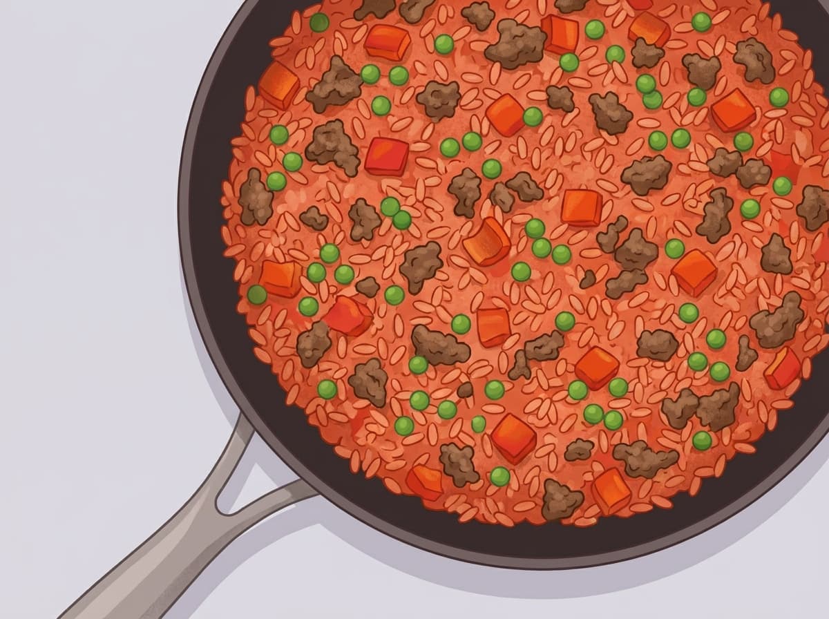 Pan of beef mince and rice with capsicum and peas