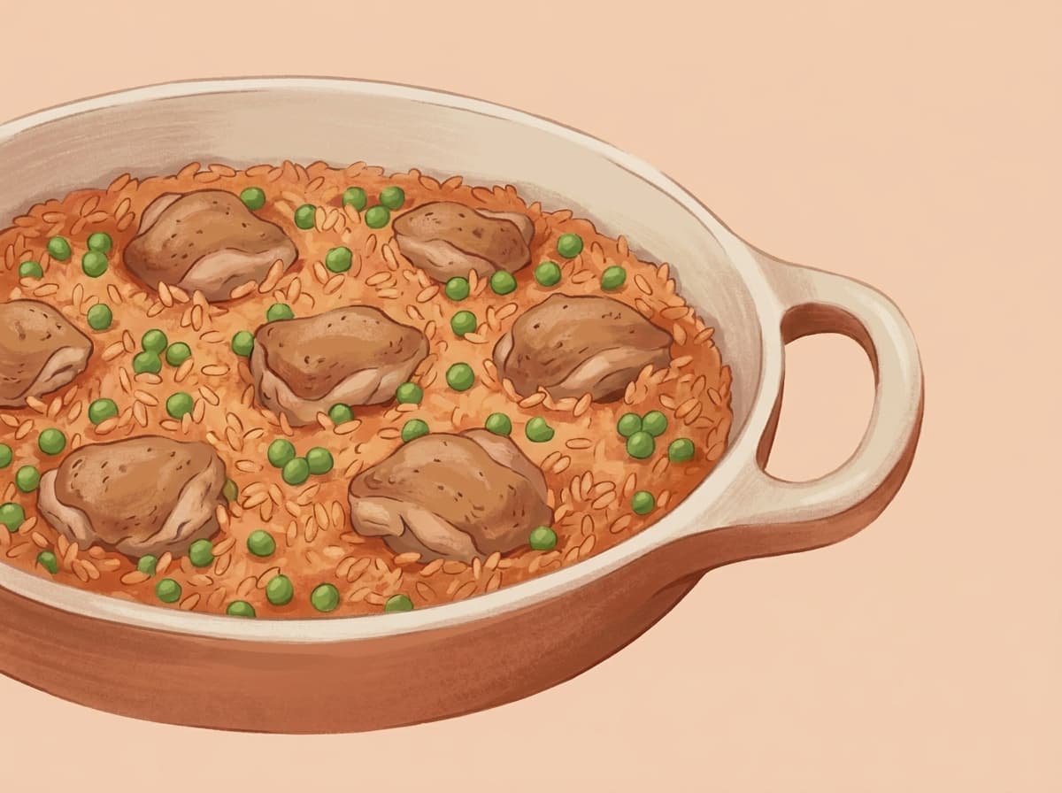 A pan of paprika chicken and rice with peas