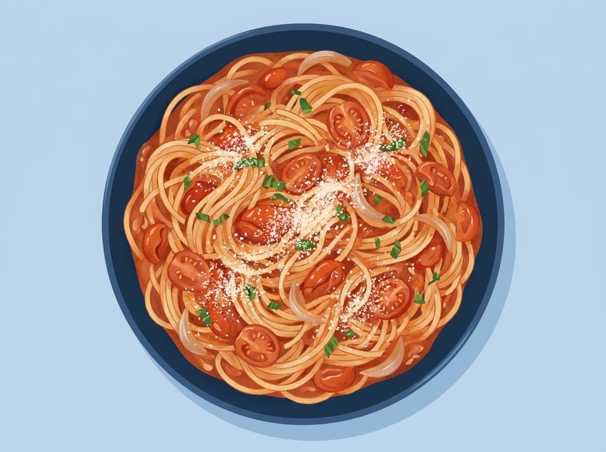 A pot of one-pot tomato pasta with basil