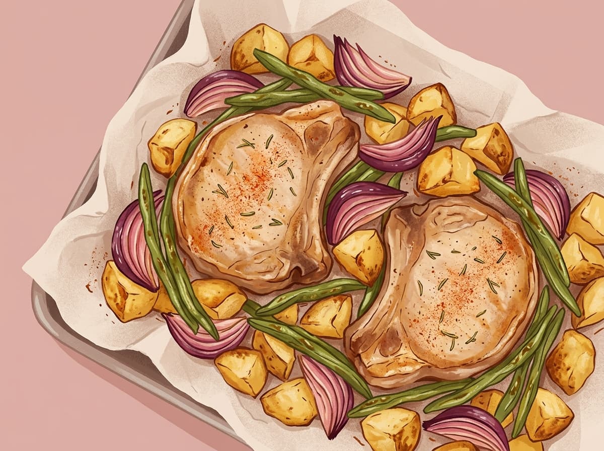 Roasted pork chops with potatoes, onion and green beans on a tray