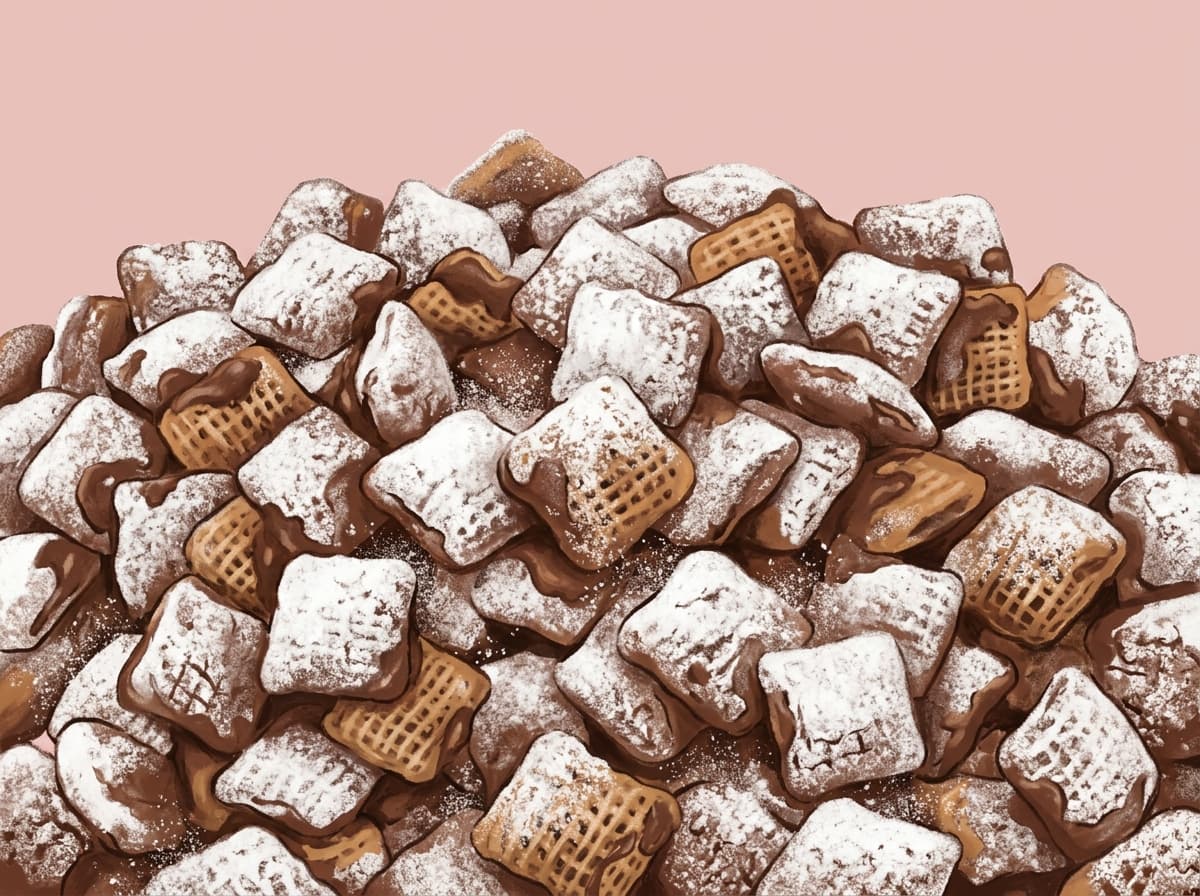 A bowl of cereal squares coated in chocolate, peanut butter and icing sugar