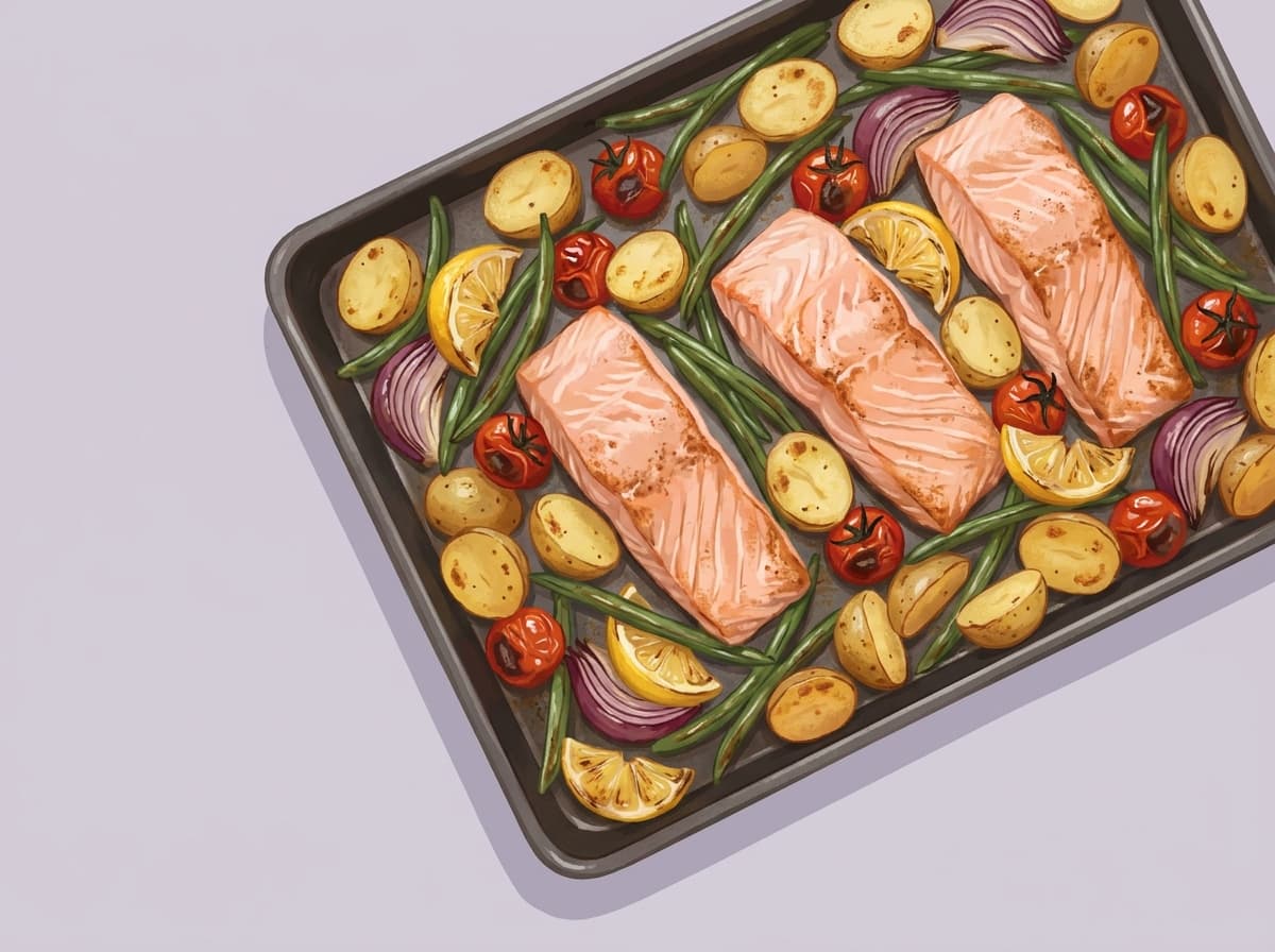 Baked salmon fillets with baby potatoes, green beans and cherry tomatoes on a tray