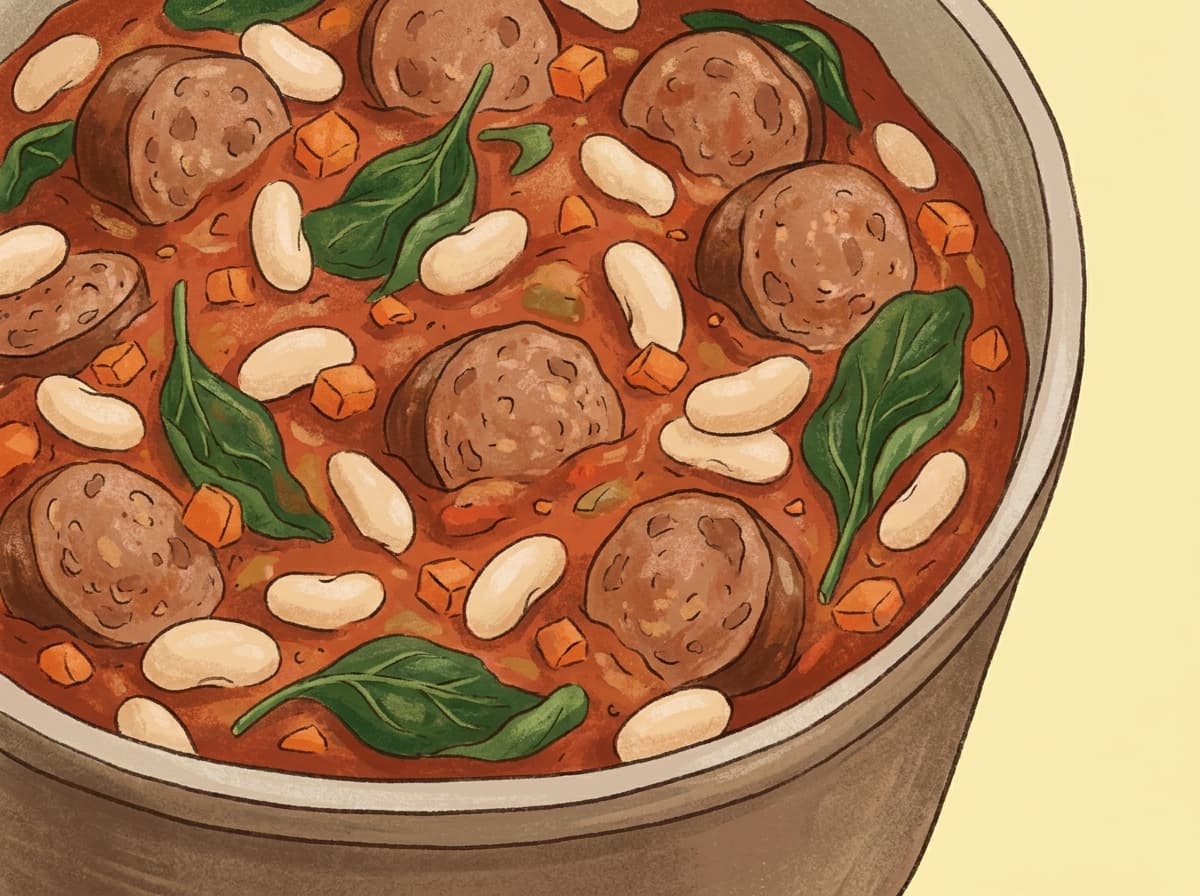 Pot of sausage and white bean stew with tomato
