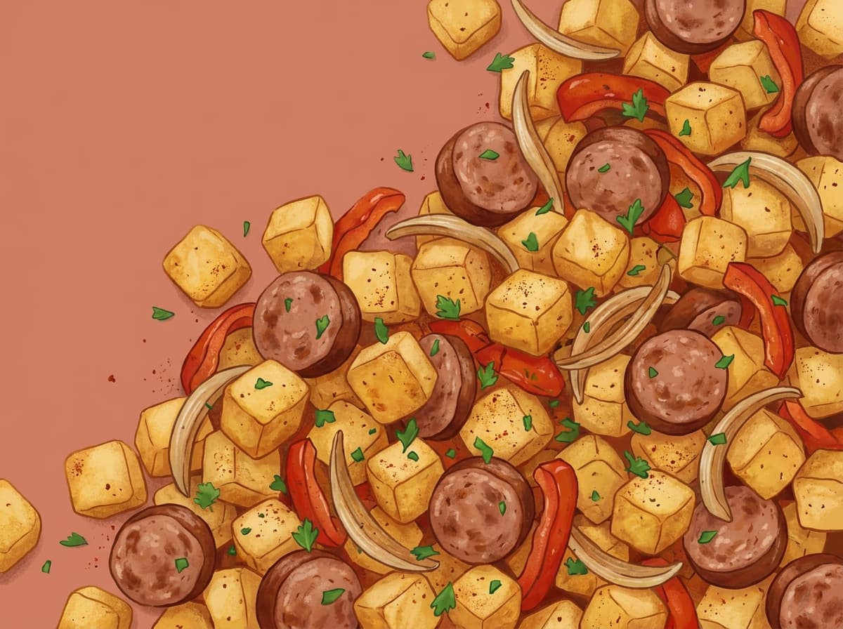 Skillet of sausage slices, crispy potatoes and capsicum with parsley
