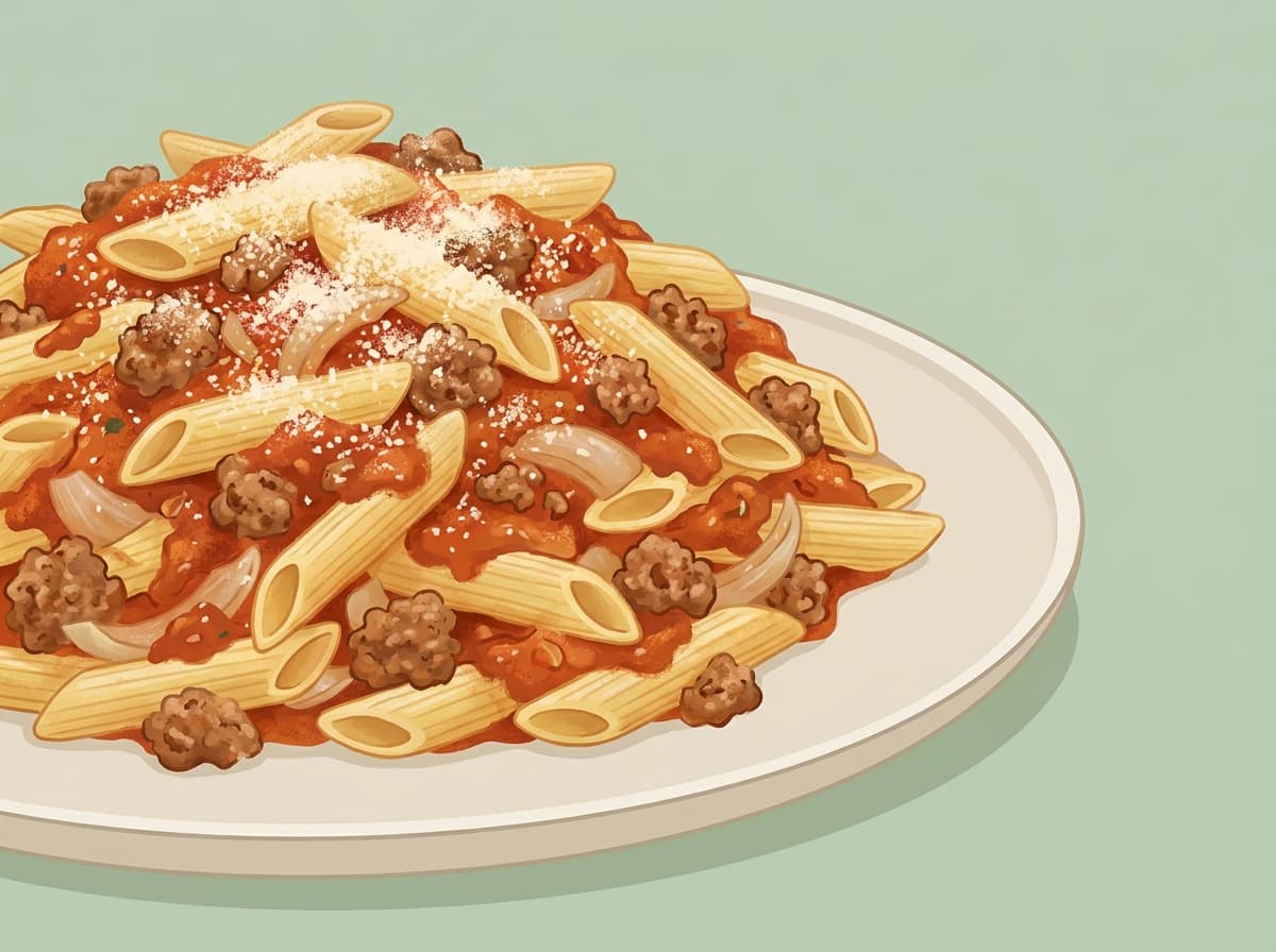 A bowl of sausage pasta in tomato sauce