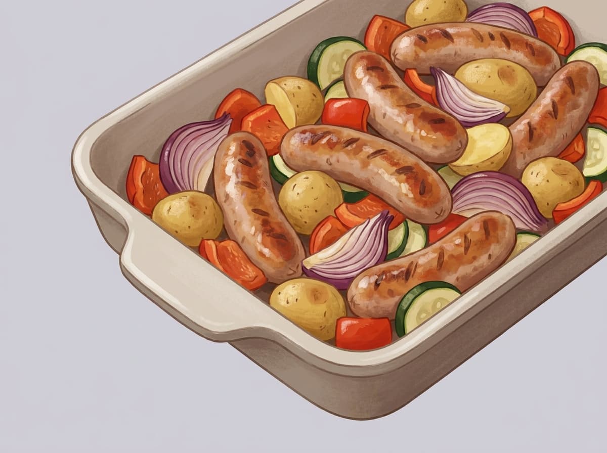 Roasted sausages with baby potatoes, capsicum and red onion on a tray