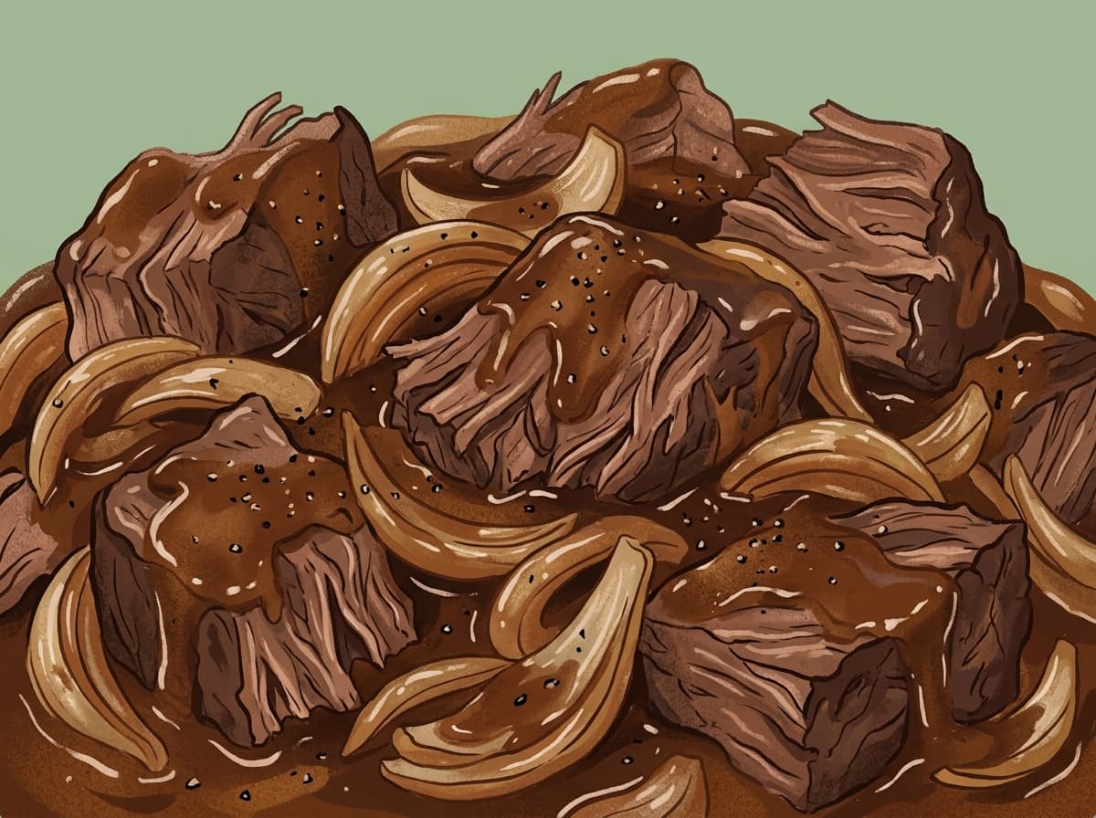 Tender chunks of beef in glossy brown gravy over mashed potato