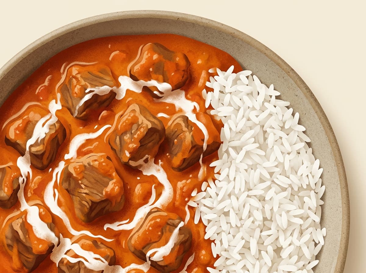 A bowl of beef curry in a rich orange sauce beside rice