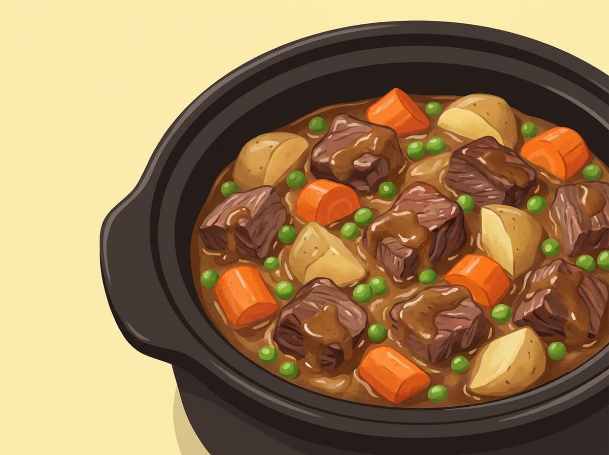 A bowl of thick beef stew with carrot and potato chunks