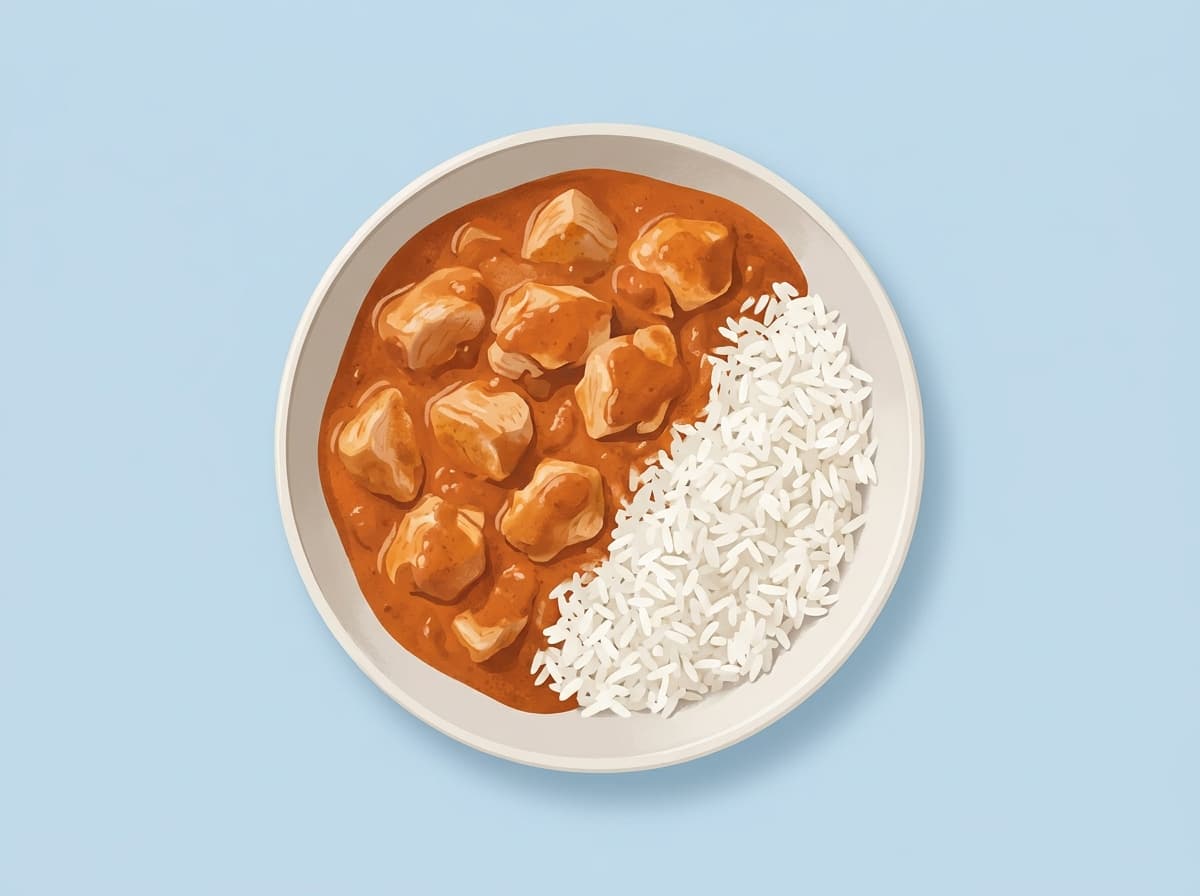 A bowl of chicken curry in a creamy orange sauce with rice