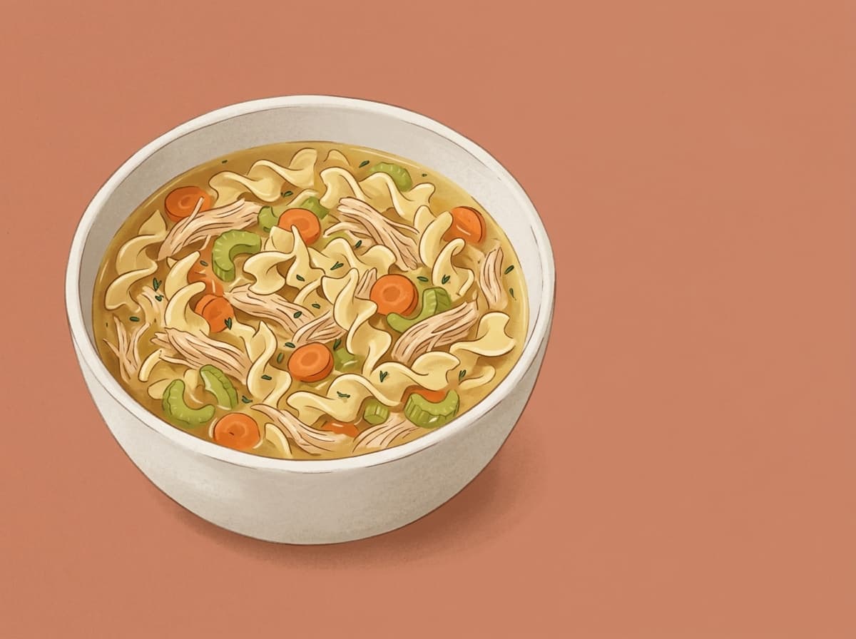 A bowl of chicken noodle soup with shredded chicken and carrot