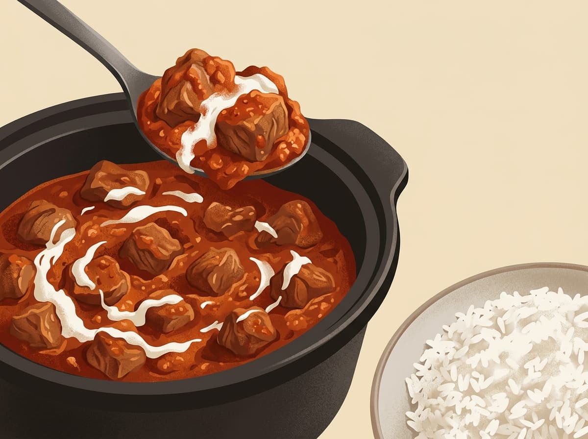 A bowl of lamb curry with tender lamb in a spiced sauce
